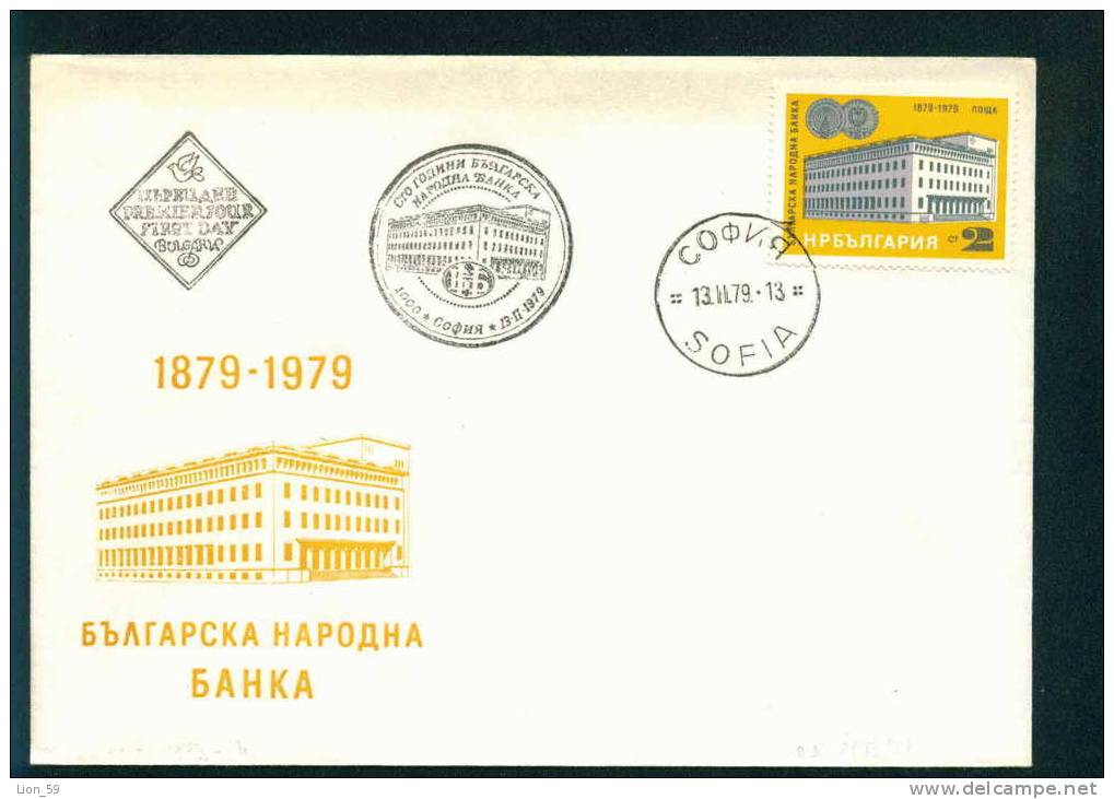 FDC 2813 Bulgaria 1979 / 3 People S Bank /COINS - 100th ANNIVERSARY OF BULGARIAN TELECOMMUNICATIONS - 5LV - Monete