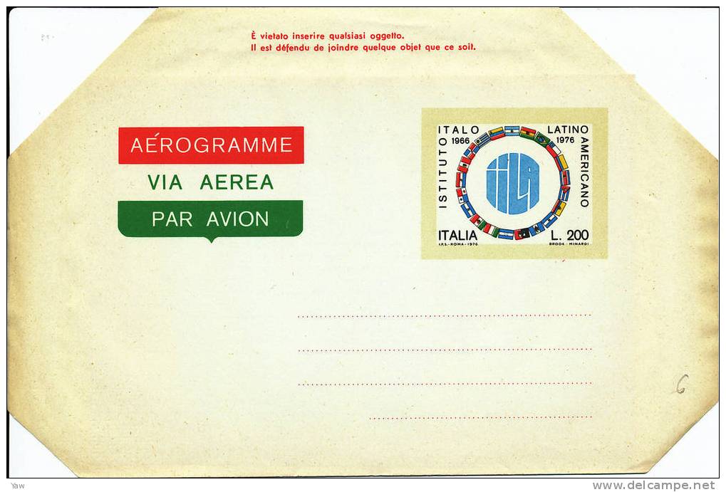 ITALIA 1976 AEROGRAMMA L.200 - ISTITUTO ITALO LATINO - AMERICANO. NUOVO**MNH, BORDI NON PIEGATI - Covers