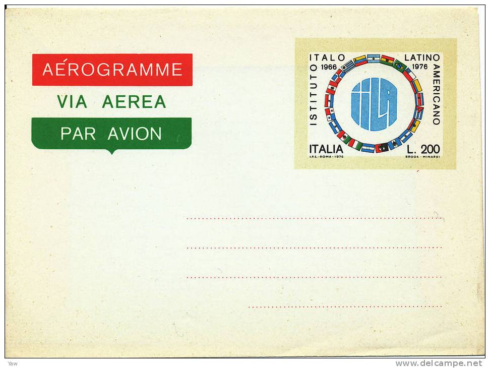 ITALIA 1976 AEROGRAMMA L.200 - ISTITUTO ITALO LATINO - AMERICANO. NUOVO**MNH, BORDI PIEGATI - Sobres