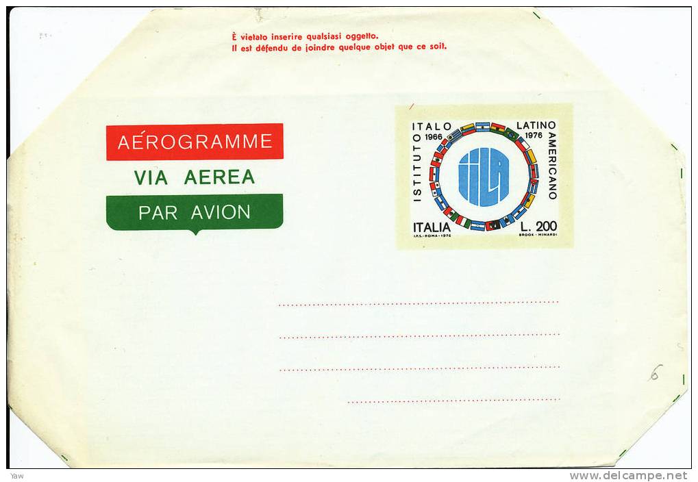 ITALIA 1976 AEROGRAMMA L.200 - ISTITUTO ITALO LATINO - AMERICANO. NUOVO, BORDI NON PIEGATI - Covers
