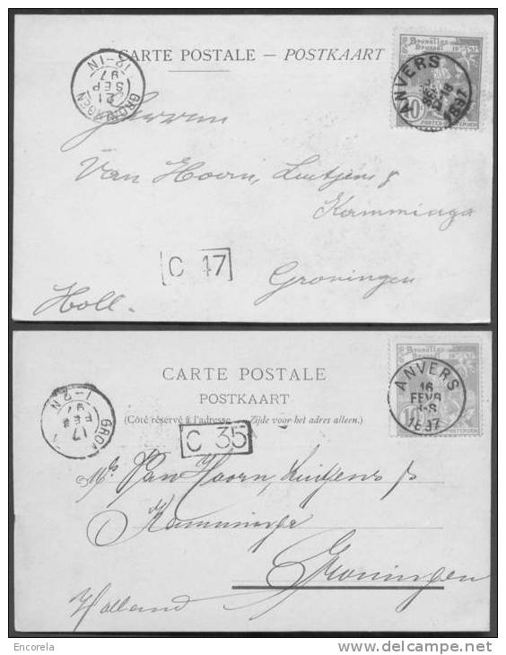 N°72/73 - 10 Centimes (les 2 Nuances) Obl. Sc ANVERS S/2 Cartes Au Tarif Imprimé à Destinationde Groningen (Pays-Bas) Le - 1894-1896 Exhibitions