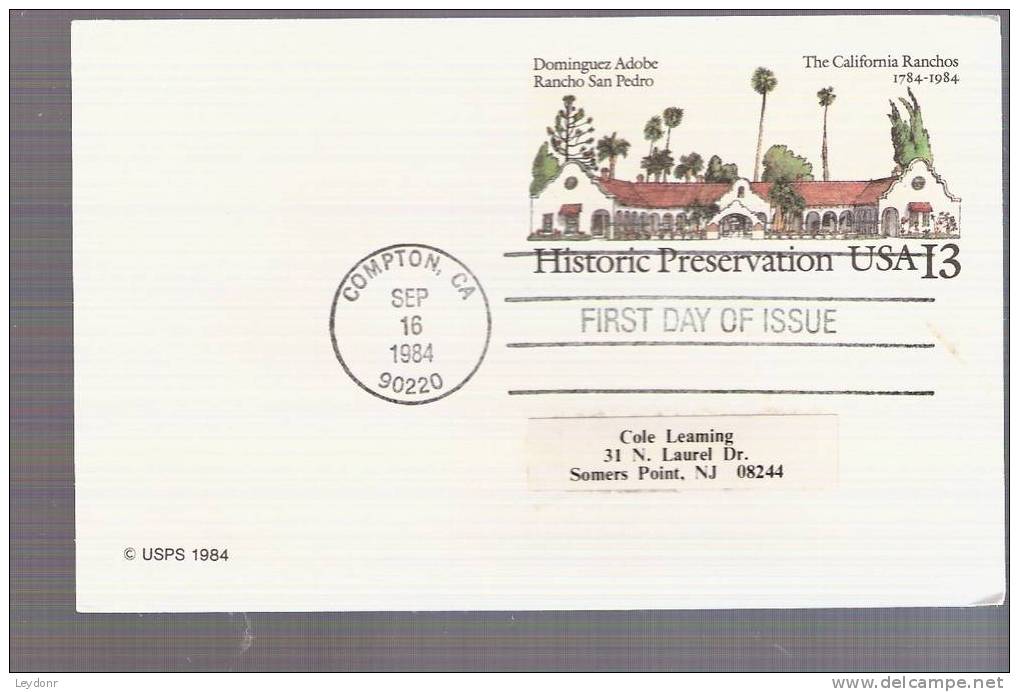 FDC Postal Card -Dominguea Adobe At Rancho San Pedro - Scott # UX104 - 1981-1990