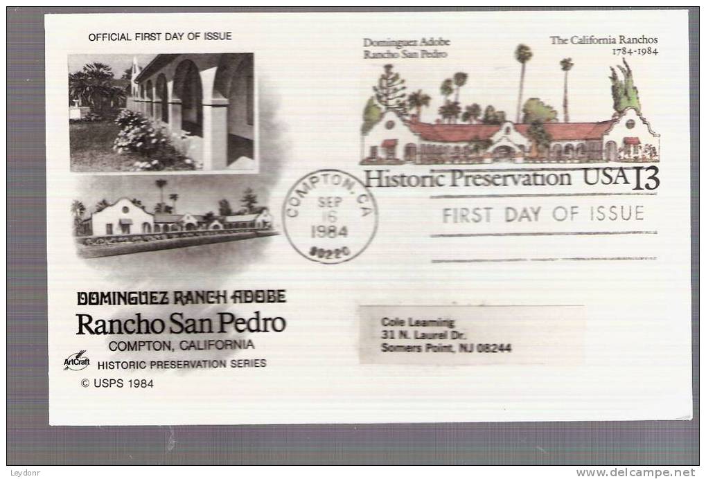 FDC Postal Card -Dominguea Adobe At Rancho San Pedro - Scott # UX104 - 1981-1990