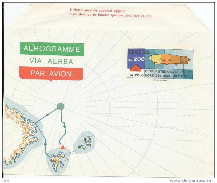 ITALIA 1978 AEROGRAMMA L.200 - 50° DEL VOLO AL POLO NORD DEL DIRIGIBILE "ITALIA". NUOVO, BORDI PIEGATI - Zeppelins