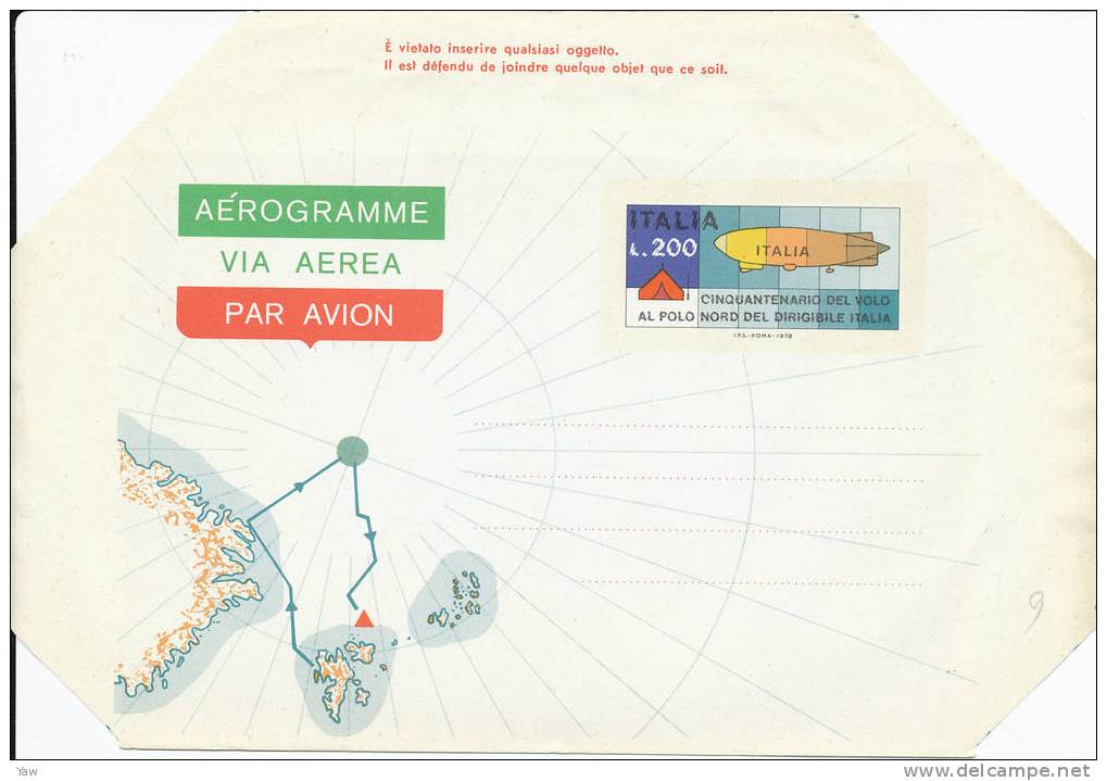 ITALIA 1978 AEROGRAMMA L.200 - 50° DEL VOLO AL POLO NORD DEL DIRIGIBILE "ITALIA". NUOVO**MNH, BORDI NON PIEGATI - Zeppelins