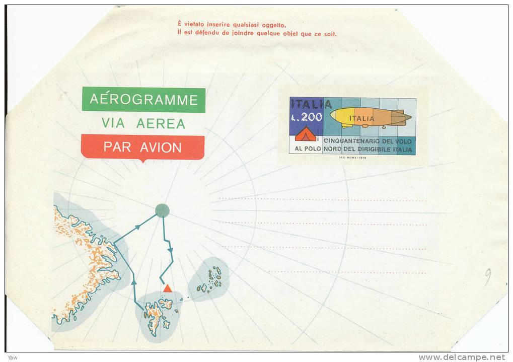 ITALIA 1978 AEROGRAMMA L.200 - 50° DEL VOLO AL POLO NORD DEL DIRIGIBILE "ITALIA". NUOVO**MNH, BORDI NON PIEGATI - Zeppelins