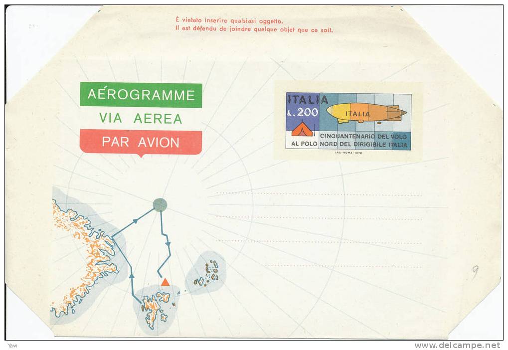 ITALIA 1978 AEROGRAMMA. 50° DEL VOLO AL POLO NORD DEL DIRIGIBILE "ITALIA". LA TENDA ROSSA. NUOVO**MNH, BORDI NON PIEGATI - Sonstige (Luft)