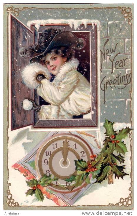 CPA BELLE Carte Postale Fantaisie GAUFFREE EMBOSSED Fille Enfant Horloge New Year RAPHAEL TUCK N°145 - Tuck, Raphael