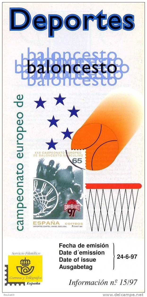 ESPAGNE 24.06.1997 FICHE D´EMISSION "XXX CHAMPIONNAT EUROPEEN DE BASKET-BALL" - Baloncesto