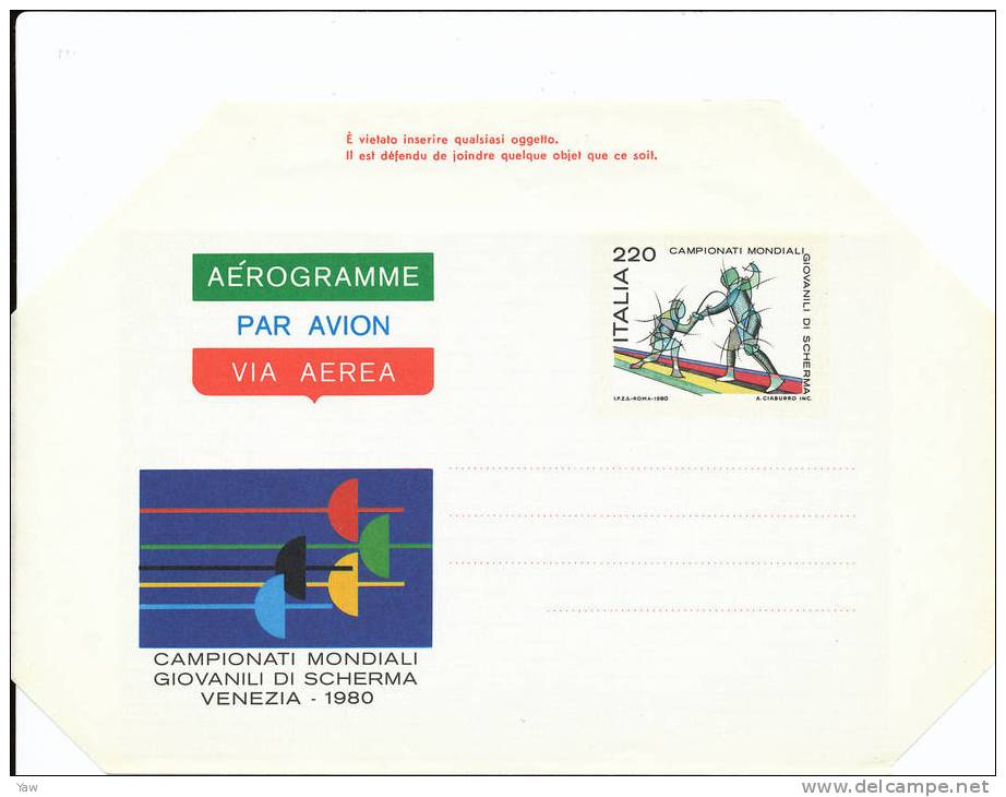 ITALIA 1980 AEROGRAMMA  CAMPIONATI MONDIALI GIOVANILI DI SCHERMA - VENEZIA. NEW**MNH BORDI NON PIEGATI - Fencing