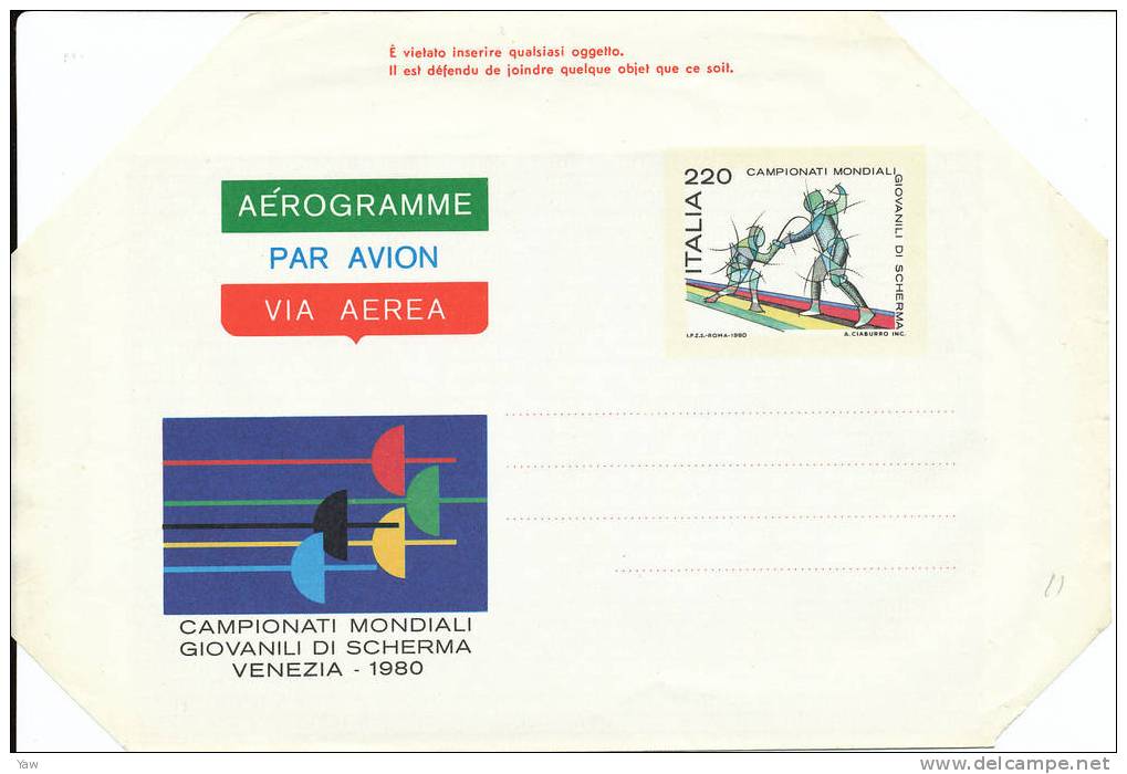 ITALIA 1980 AEROGRAMMA  CAMPIONATI MONDIALI GIOVANILI DI SCHERMA - VENEZIA. NEW MNH BORDI NON PIEGATI - Fencing