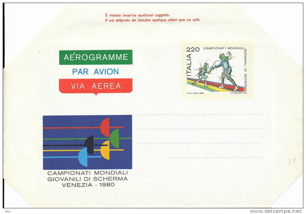 ITALIA 1980 AEROGRAMMA  CAMPIONATI MONDIALI GIOVANILI DI SCHERMA - VENEZIA. NEW** MNH BORDI NON PIEGATI - Fencing