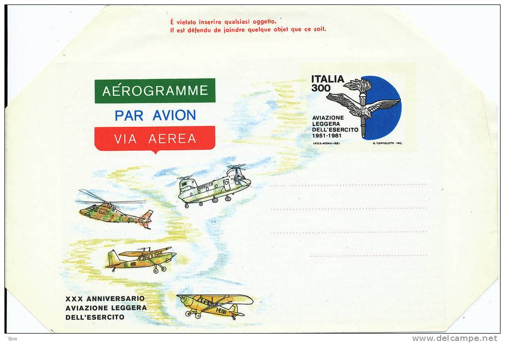 ITALIA 1981 AEROGRAMMA  30° ANNIVERS. AVIAZIONE LEGGERA DELL´ESERCITO 1951. NEW* MNH BORDI NON PIEGATI - Helicopters