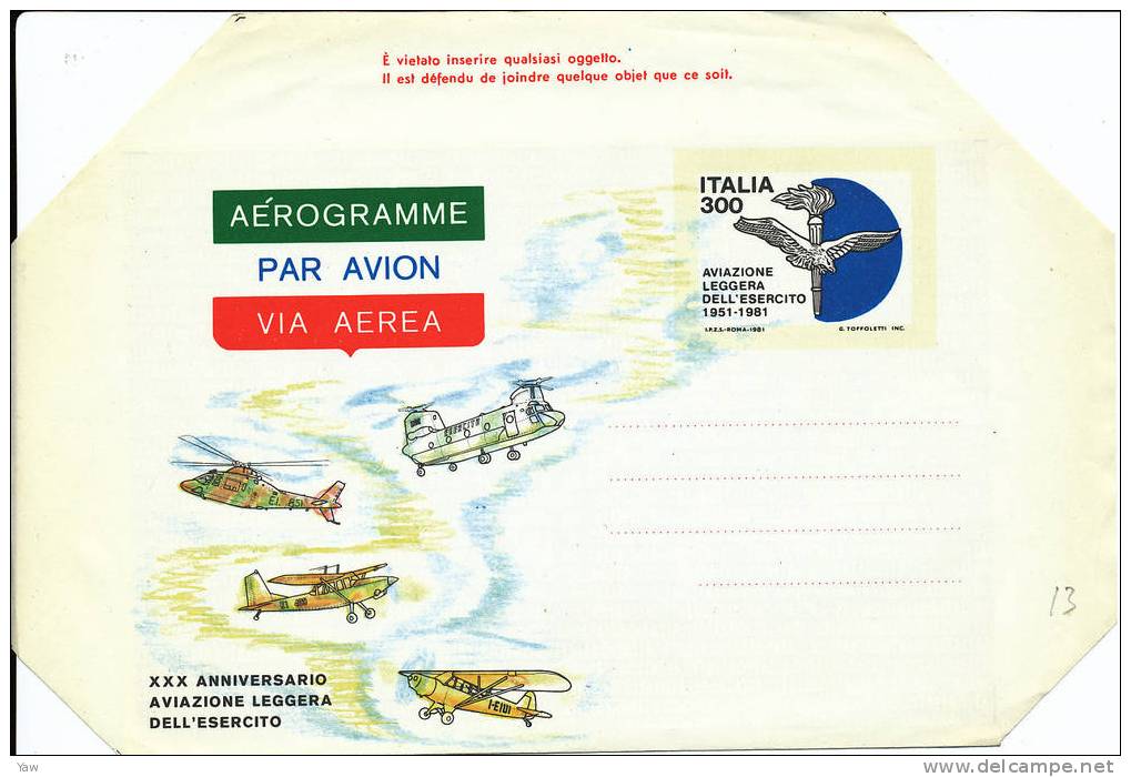 ITALIA 1981 AEROGRAMMA  30° ANNIVERS. AVIAZIONE LEGGERA DELL´ESERCITO 1951. NEW* MNH BORDI NON PIEGATI - Hubschrauber