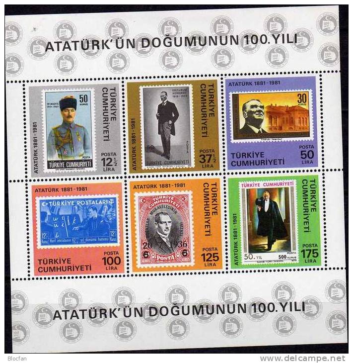 Briefmarken Türkei Auf Marken Von Türkiye Block 19 ** 20€ Bloc Stamp On Stamp 100.birthday Atatürk Bloc Sheet Of Turkey - Blocchi & Foglietti