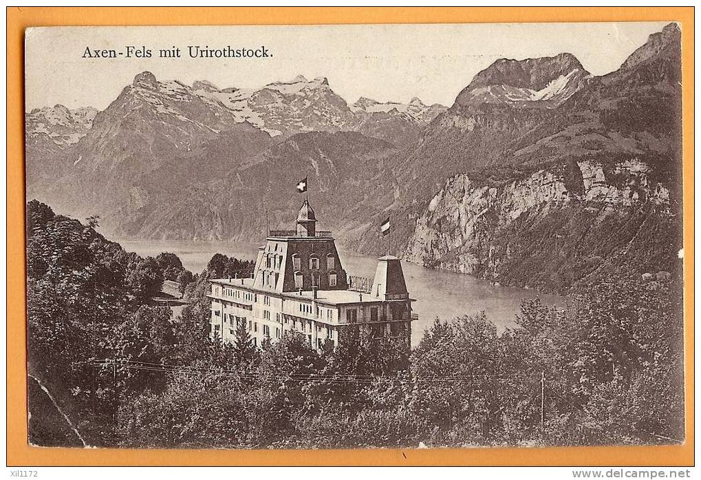 D376, Schwyz, Morschach, Axen-Fels Mit Urirotstock Hôtel. 1905 Vers Banque De France, Paris.Coin Inf. Gauche Plié. - Morschach