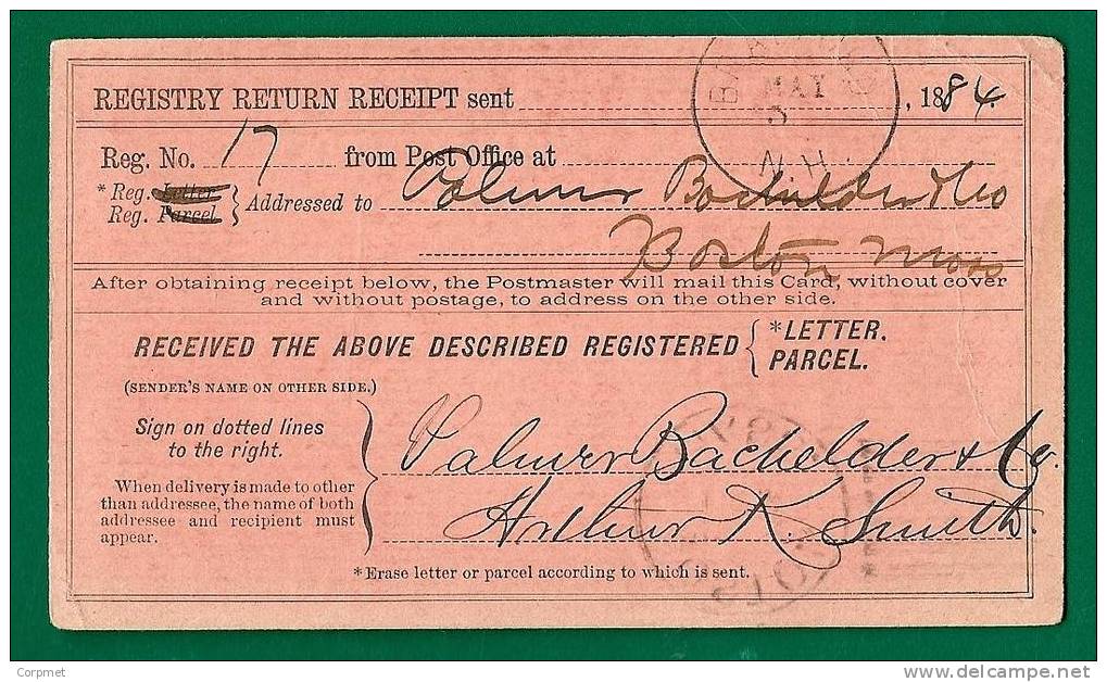 US - 1884 REGISTRY RETURN RECEIPT - BRADFORD, N.H. - Parcel Post & Special Handling