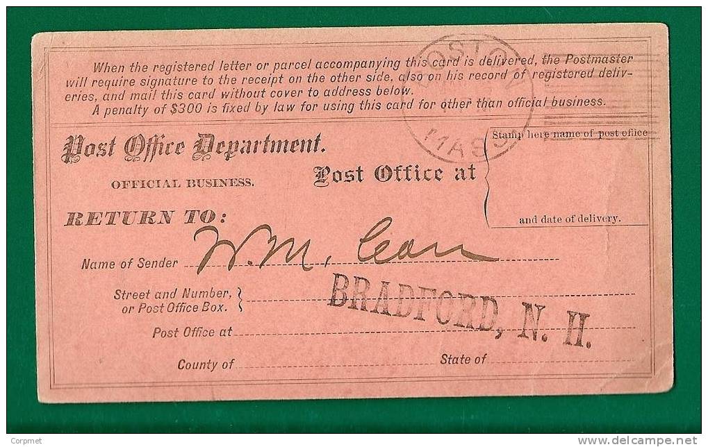 US - 1884 REGISTRY RETURN RECEIPT - BRADFORD, N.H. - Paquetes & Encomiendas