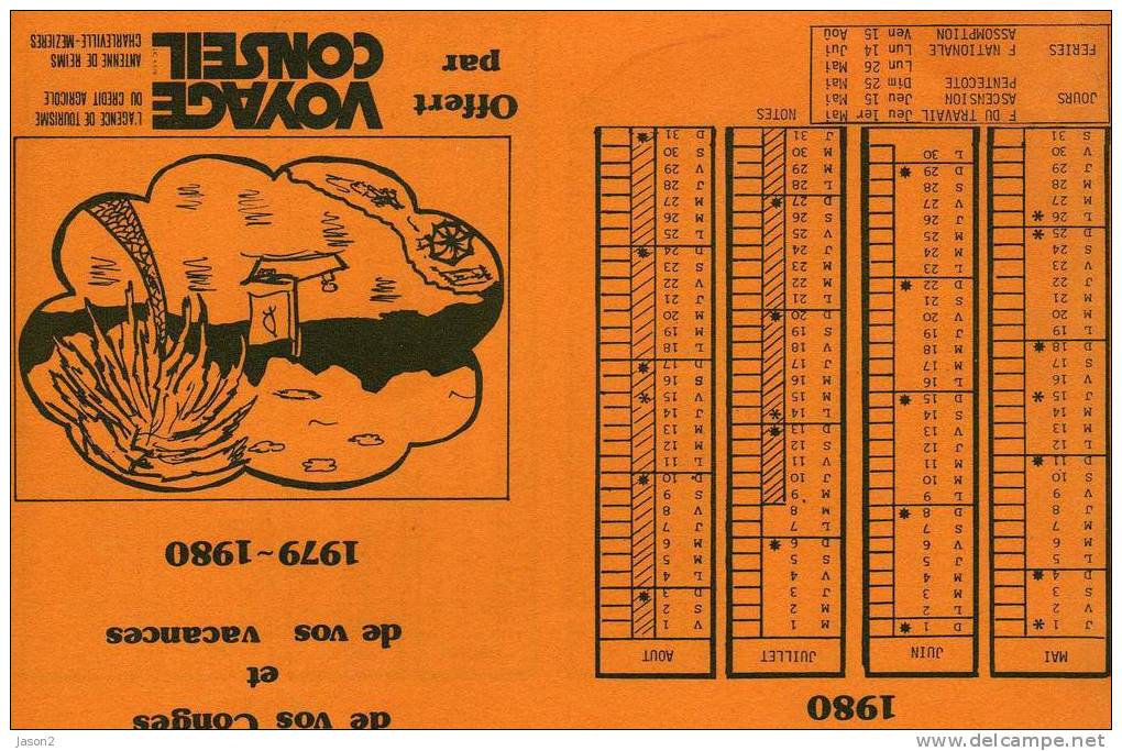 Calendrier Planning De Vos Conges Et De Vos Vacances 1979 1980 OFFERT PAR VOYAGE CONSEIL - Petit Format : 1971-80