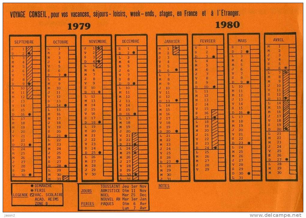 Calendrier Planning De Vos Conges Et De Vos Vacances 1979 1980 OFFERT PAR VOYAGE CONSEIL - Small : 1971-80