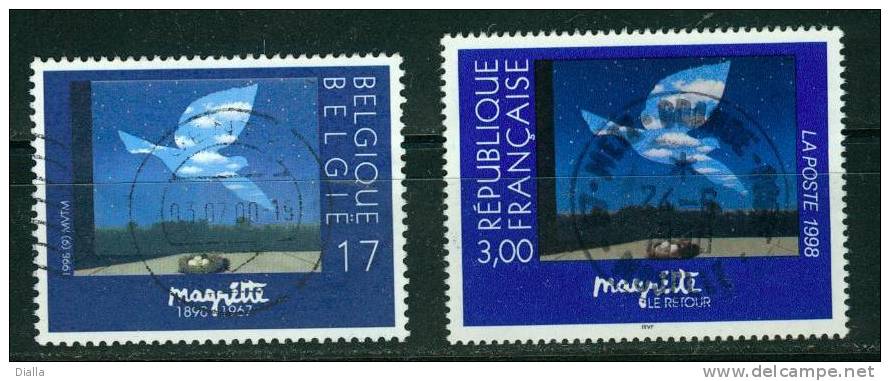 1998 Belgique - France, Magritte "Le Retour" Colombe Nid - Pigeon Nest,  Bien Oblitéré - Tauben & Flughühner