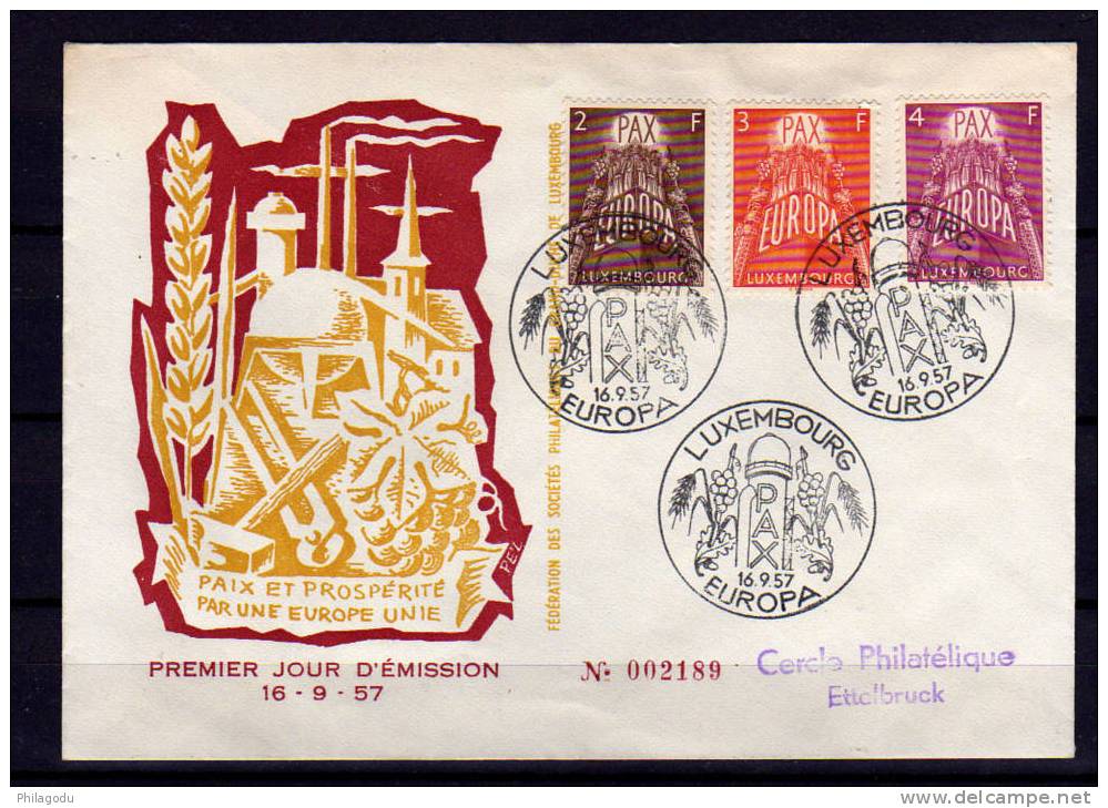 Luxembourg Enveloppe 1er Jour, Europa 1957  Cote 50 E   VIN  RAISIN  WINE - 1957