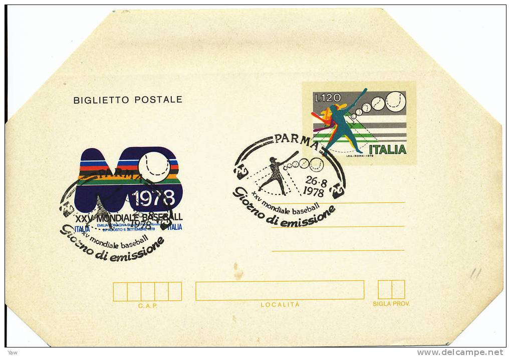 ITALIA 1978 BIGLIETTO POSTALE FDC: CAMPIONATI MONDIALI DI BASEBALL. BORDI NON PIEGATI ANNULLO PARMA - Baseball