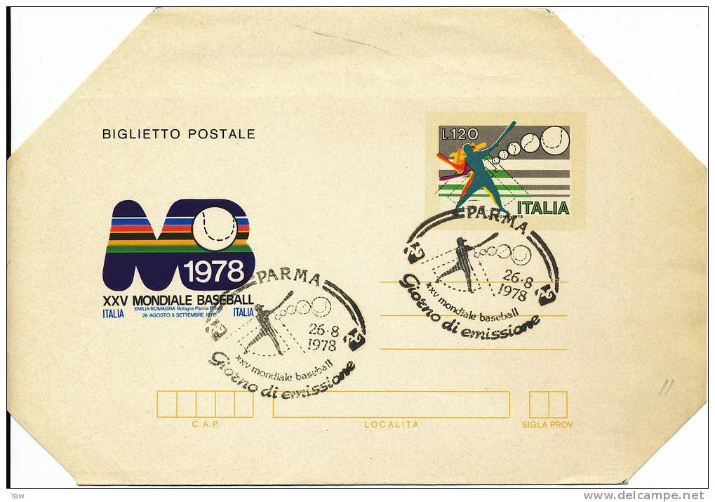 ITALIA 1978 BIGLIETTO POSTALE FDC: CAMPIONATI MONDIALI DI BASEBALL. BORDI NON PIEGATI ANNULLO PARMA - Baseball