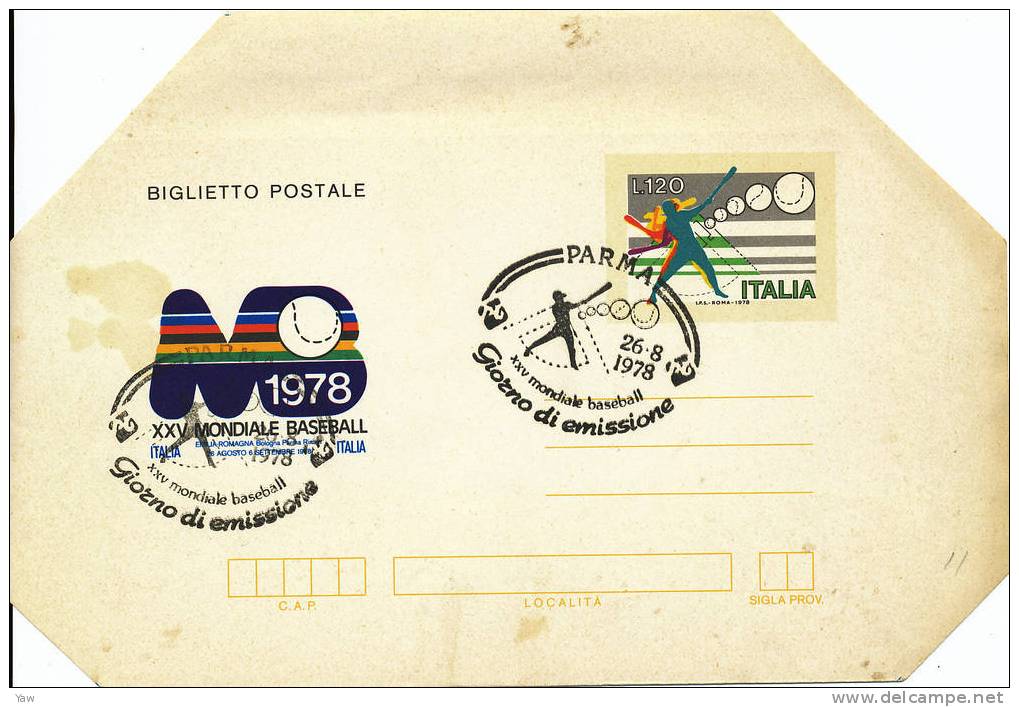 ITALIA 1978 BIGLIETTO POSTALE FDC: CAMPIONATI MONDIALI DI BASEBALL. BORDI NON PIEGATI ANNULLO PARMA - Honkbal