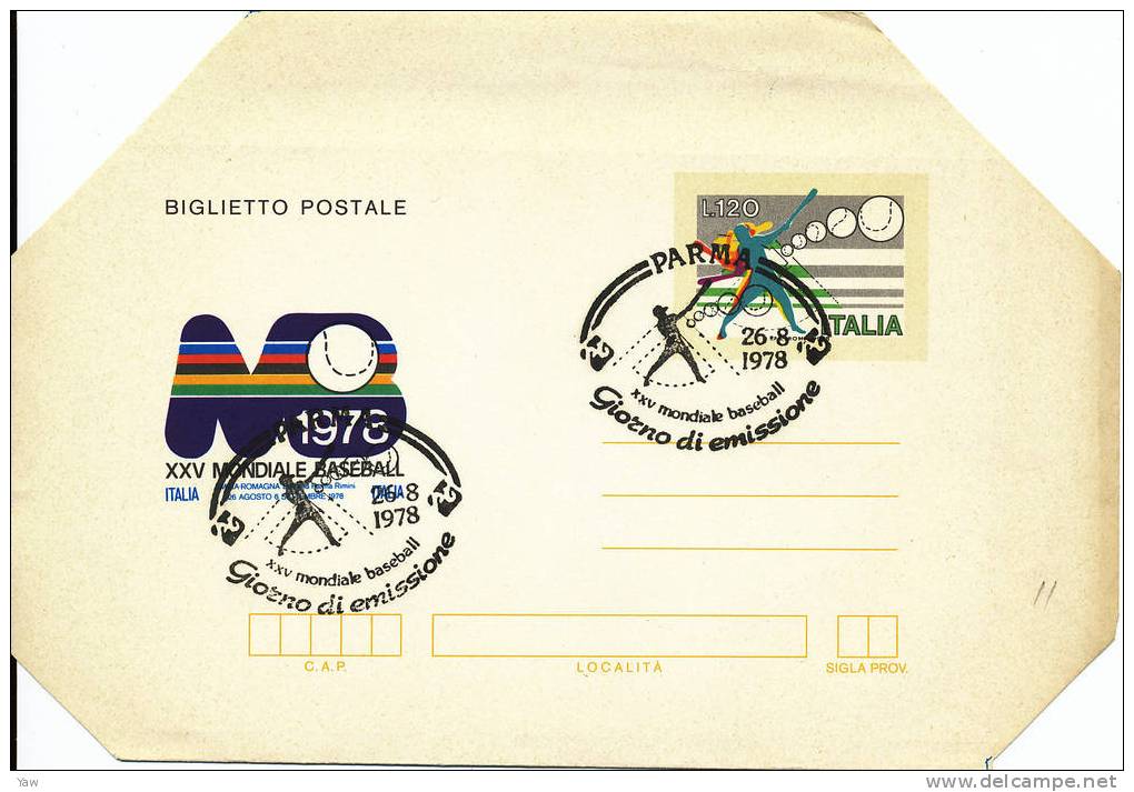 ITALIA 1978 BIGLIETTO POSTALE FDC: CAMPIONATI MONDIALI DI BASEBALL. BORDI NON PIEGATI ANNULLO PARMA - Honkbal