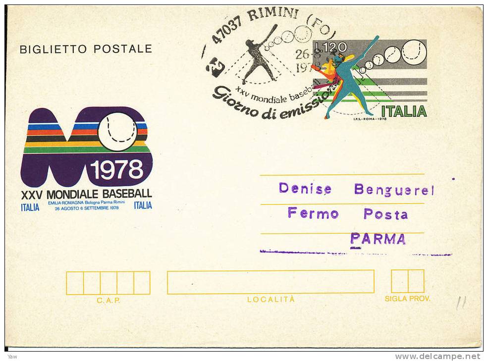 ITALIA 1978 BIGLIETTO POSTALE FDC: CAMPIONATI MONDIALI DI BASEBALL. BORDI PIEGATI ANNULLO RIMINI VIAGGIATO - Honkbal