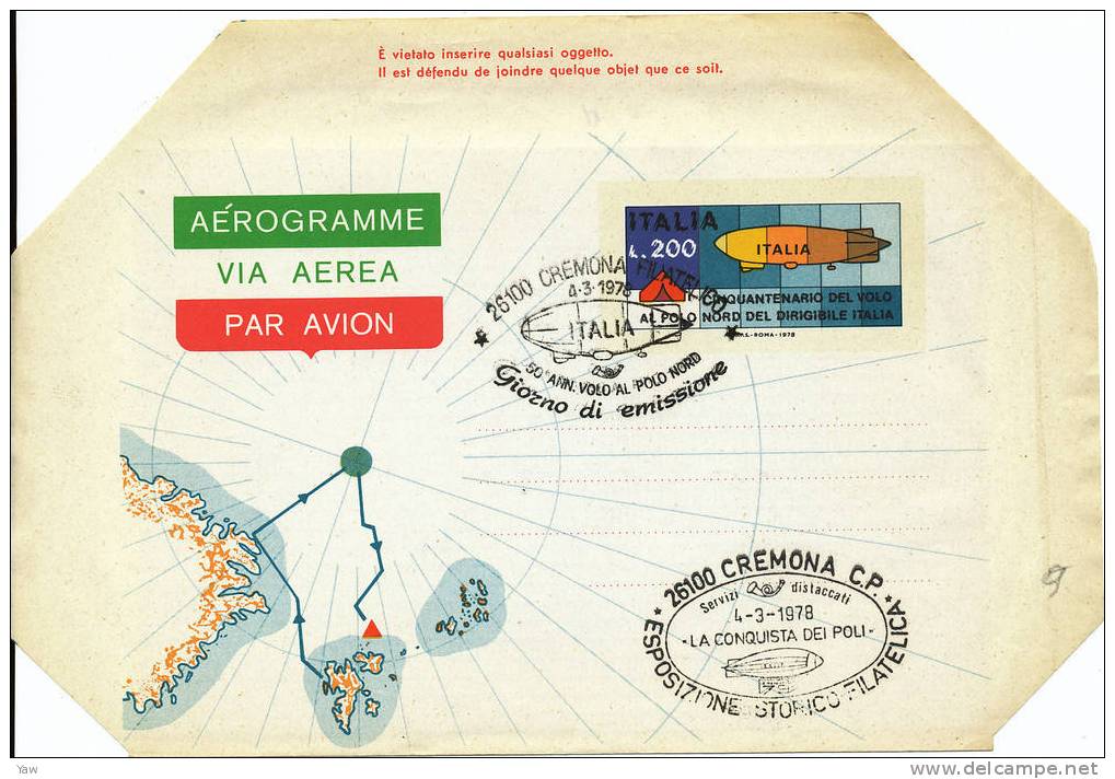 ITALIA 1978 AEROGRAMMA FDC: VOLO AL POLO NORD: DIRIGIBILE "ITALIA"1928. LA TENDA ROSSA, ANNULLO CREMONA - Zeppelins