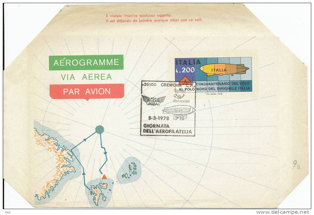 ITALIA 1978 AEROGRAMMA FDC: VOLO AL POLO NORD: DIRIGIBILE "ITALIA"1928. LA TENDA ROSSA, ANNULLO CREMONA - Zeppelines