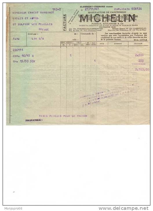 Facture De La Manufacture De Caoutchouc MICHELIN De Clermont Ferrand ét De 1947 - Automobile