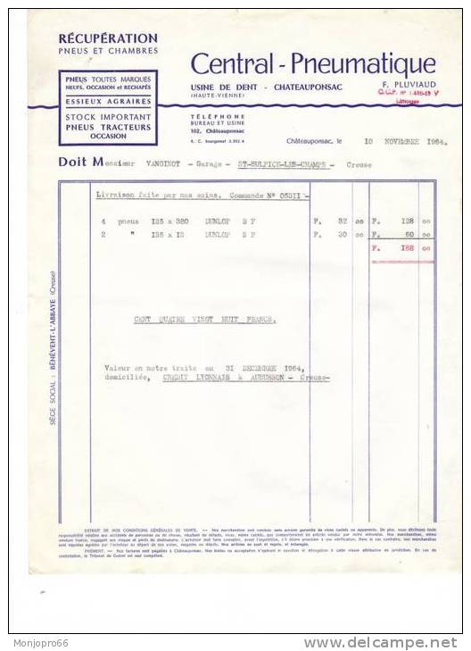 Facture De La Société De Récupération De Pneus Et Chambres Central Pneumatique F. PLUVIAUD De Chateauponsac Et De 1964 - Automovilismo