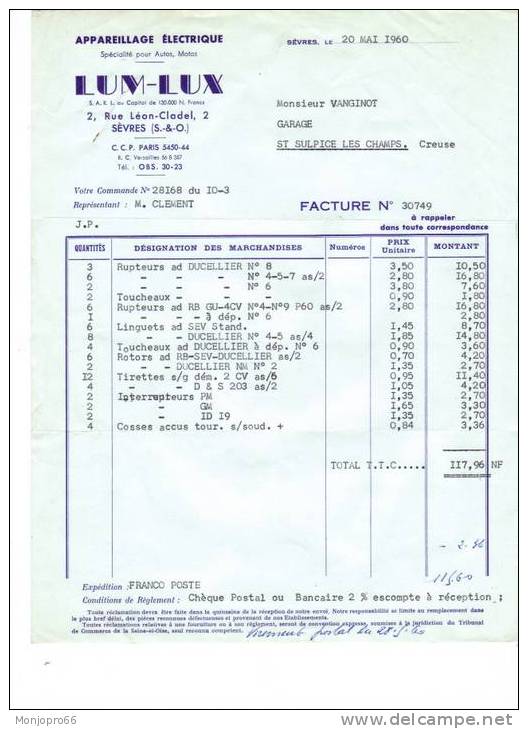 Facture De La Société D Appareillages Electriques  LUM  LUX  De Sèvres Et De 1960 - Electricity & Gas