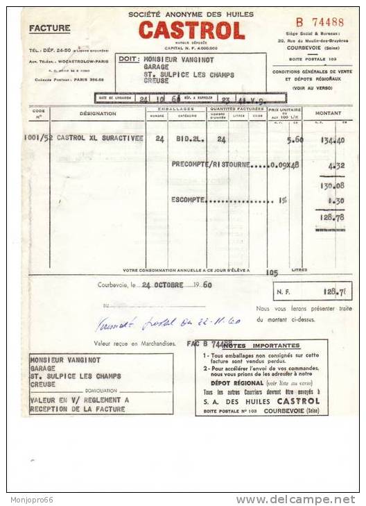 Facture De La Société Des Huiles CASTROL De Courbevoie Et De 1960 - Automobile