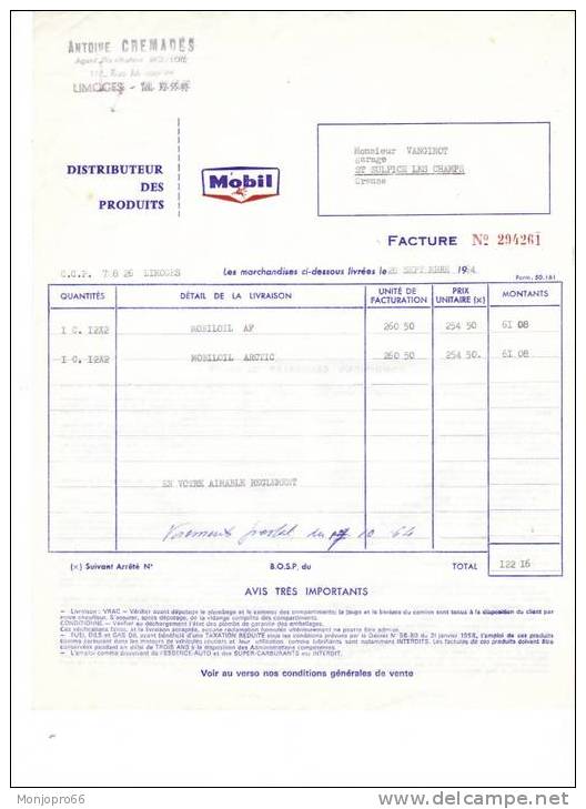 Facture De La Société ANTOINE CRÉMADES Distributeur Des Produits MOBIL De Limoges Et De 1964 - Auto's