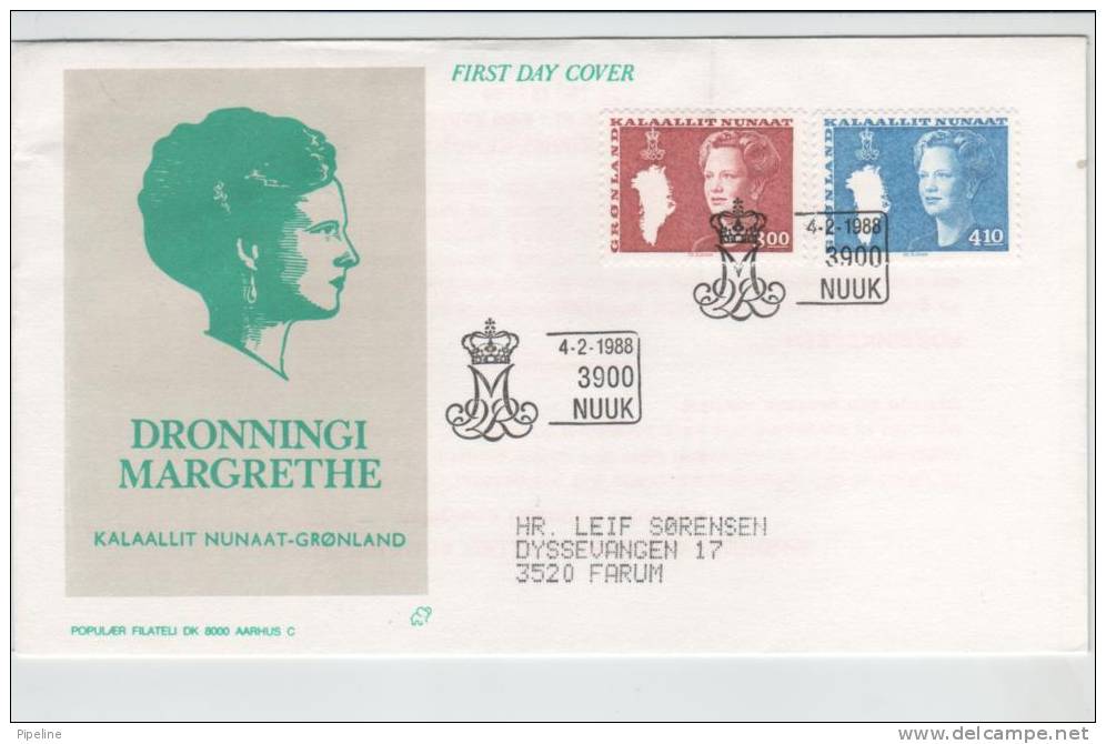 Greenland FDC Queen Margrethe II 4-2-1988 With Cachet Sent To Denmark - FDC