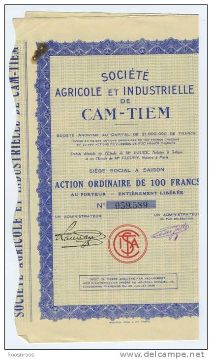 ACTION DE 100 FRANCS - SOCIETE AGRICOLE ET INDUSTRIELLE DE CAM TIEM A SAIGON - Agriculture