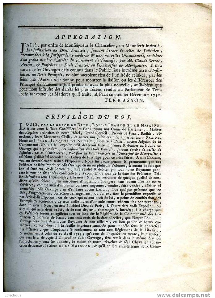 Les Institutions Du Droit François Par Claude Serres, 1753 - 1701-1800