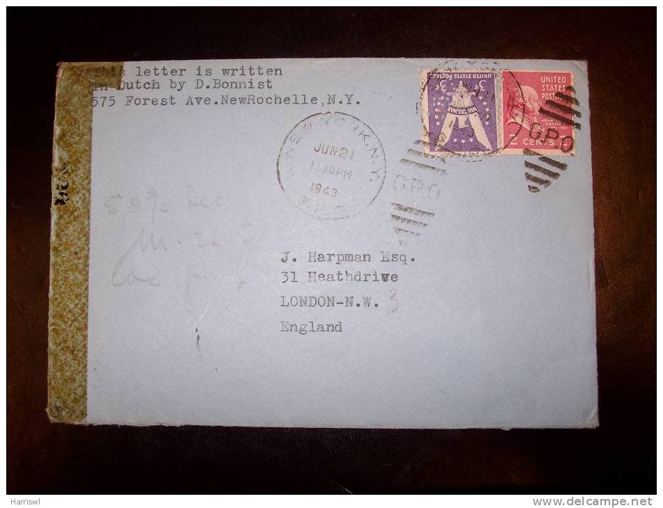 USA 1943 AIRMAIL COVER TO UK OPENED BY CENSOR WRITTEN IN DUTCH - Lettres & Documents