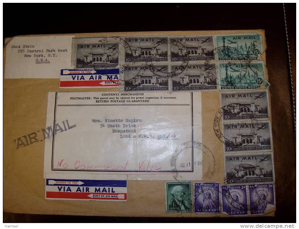 USA AIRMAIL 1950  LARGE LETTER TO UK WITH 14 STAMPS! - Gebraucht