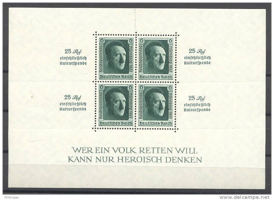 GERMANY REICH 1937, HITLER SOUVENIR SHEET - KULTURSPENDE 1937 - NEVER HINGED - Blocs