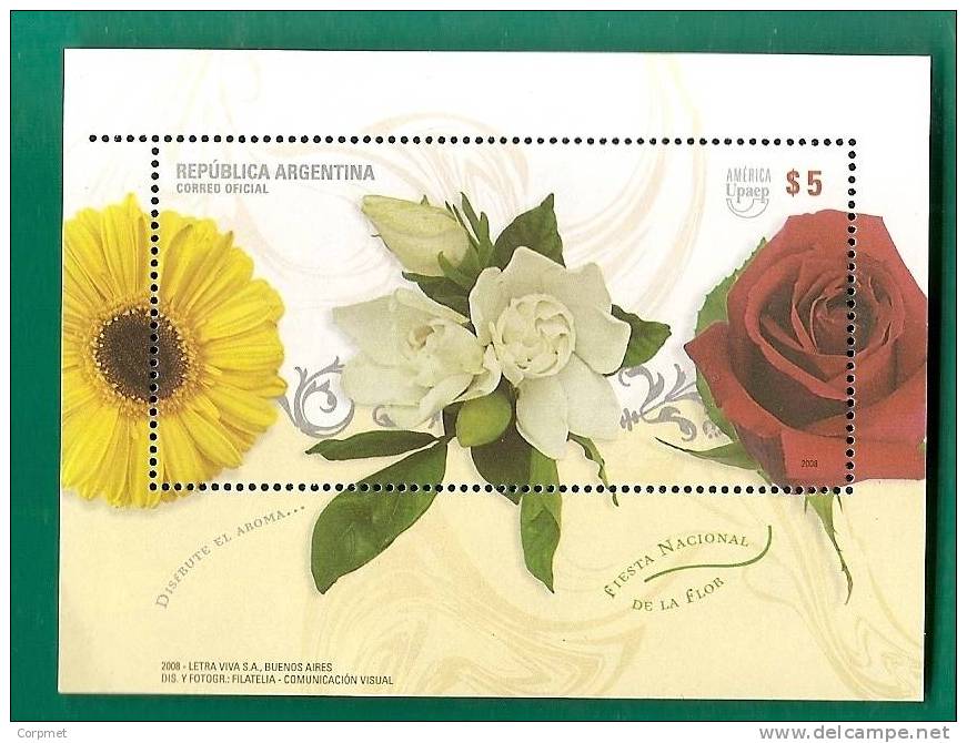 FLOWERS - ROSES  - AMERICA UPAEP - VF ARGENTINA 2008 SOUVENIR SHEET - I  - With Real FLORAL SAVEUR - Blocs-feuillets