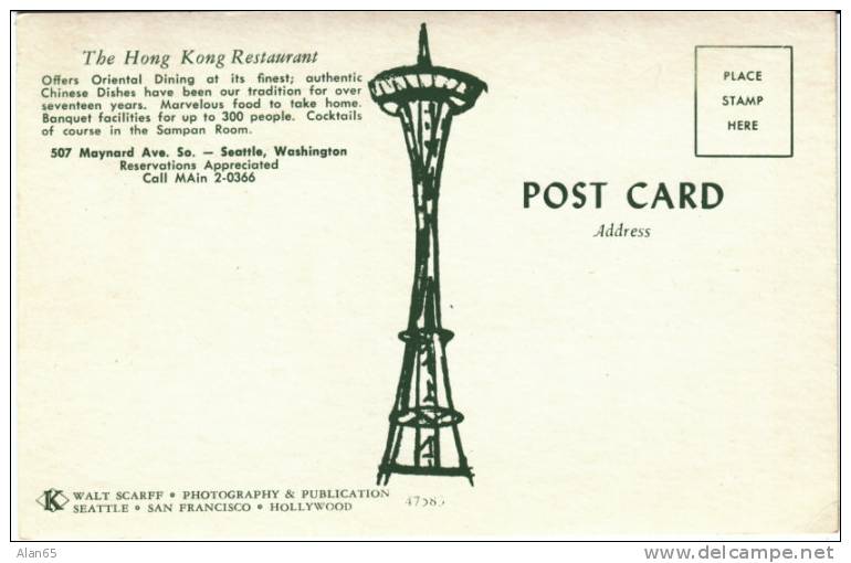 ´Hong Kong´ Seattle Chinatown Restaurant On Vintage Postcard, 1950s Vintage Autos, Bar Aquarium - Seattle