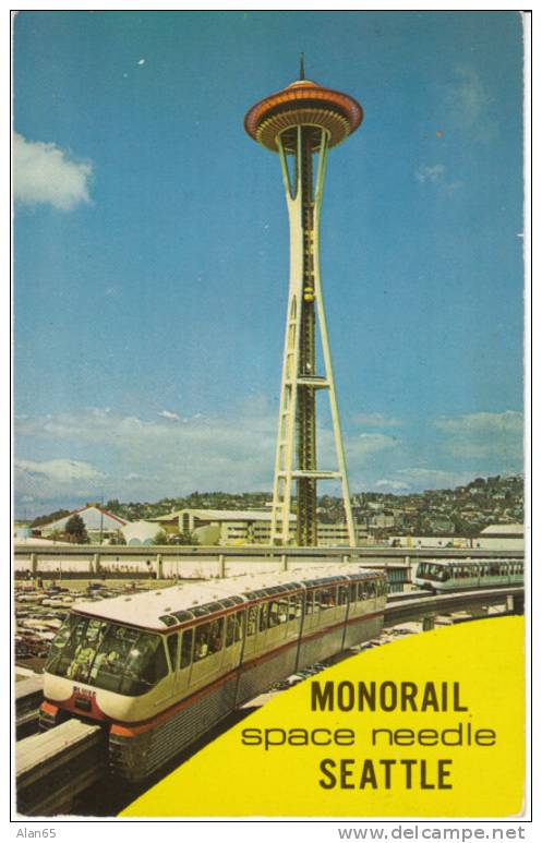 Seattle Monorail View, Civic Center In Background, Space Needle World Fair Grounds On Vintage Postcard - Seattle