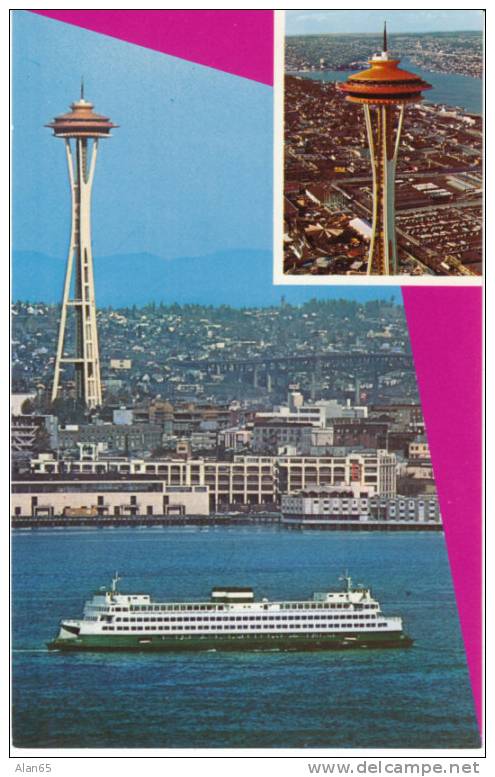 Seattle Space Needle And Waterfront With Ferry Boat On Vintage Postcard - Seattle