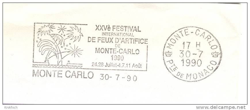 Monaco - 1990 - Festival Feux D' Artifice - Pyrotechnie - Flamme Sur Lettre Entière - Marcophilie