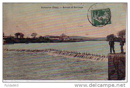 CPA.    VERBERIE.    Ecluse Et Barrage.    1908.   (Animée) Carte Avec Reflet. - Verberie